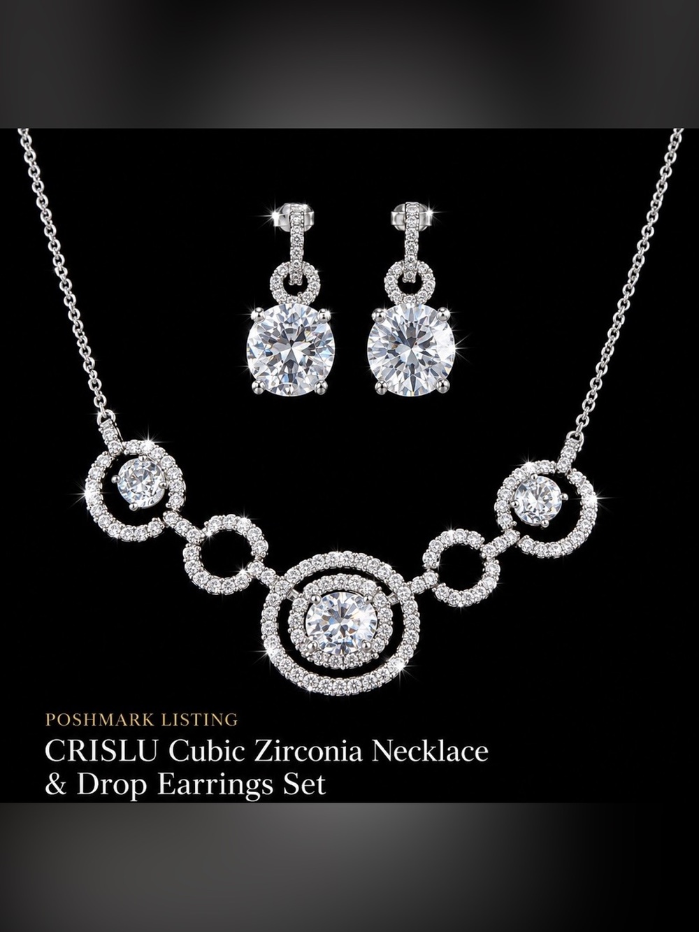 Crislu Cubic Zirconia Silver-Tone Necklace and Drop Earrings Set, NWOT